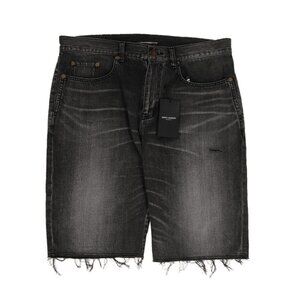 Saint Laurent Mens Jean Shorts 3310 Grey Light Wash Denim Raw Hem Distressed